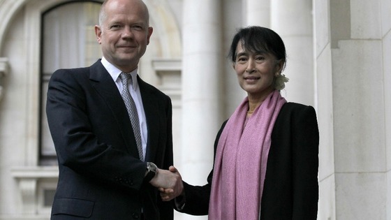 Burmese pro-democracy campaigner Aung San Suu Kyi meets with Foreign Secretary William Hague