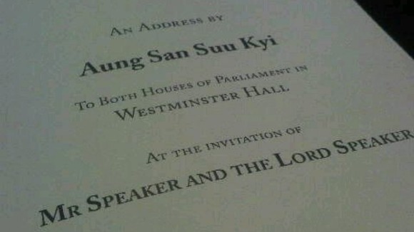 The programme for an address by Aung San Suu Kyi in Westminster Hall