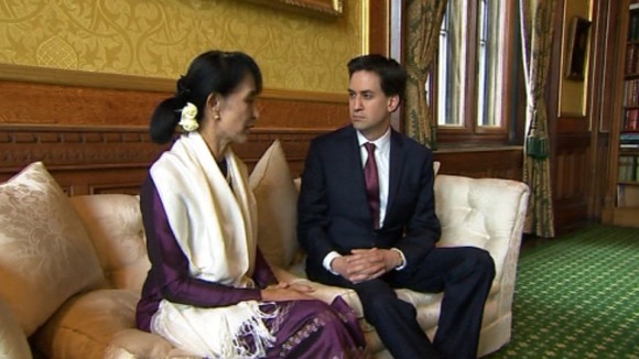 Labour leader Ed Miliband has met Aung San Suu Kyi in the Commons after her speech in Westminster Hall