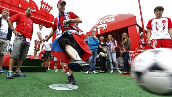 A Czech fan takes one from the spot during a Fan Zone event at the National stadium in Warsaw.