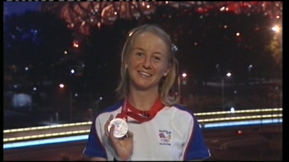 Emma Pooley with silver medal after competing at Beijing Olympics, 2008