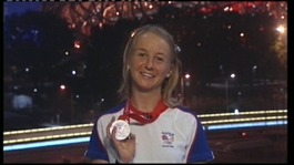 Emma Pooley with silver medal after competing at Beijing Olympics, 2008