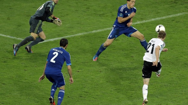 Germany midfielder Marco Reus volleys home.