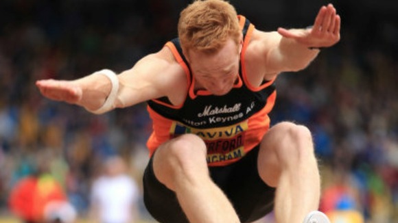 Greg Rutherford in the mens long jump during the Aviva UK Trials and Championships at the Alexander Stadium, Birmingham