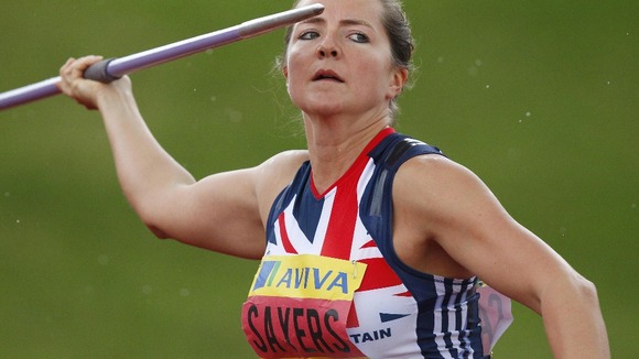 Goldie Sayers competes in the Javelin during the Aviva Trails and Championships at the Alexander Stadium, Birmingham