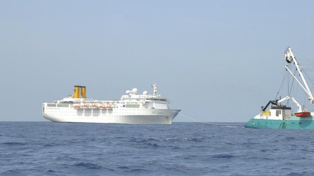 The Costa Allegra being towed by French fishing vessel, The Trevignon, in the Indian Ocean,