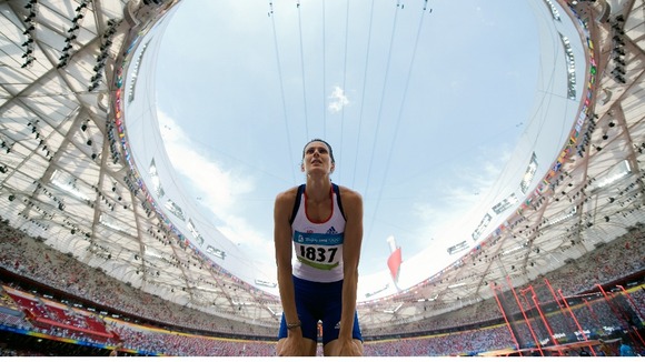 Kelly Sotherton competes in the heptathlon high jump at the National Stadium during the 2008 Beijing Olympic Games