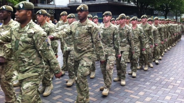 Soldiers march in Nottingham homecoming parade today