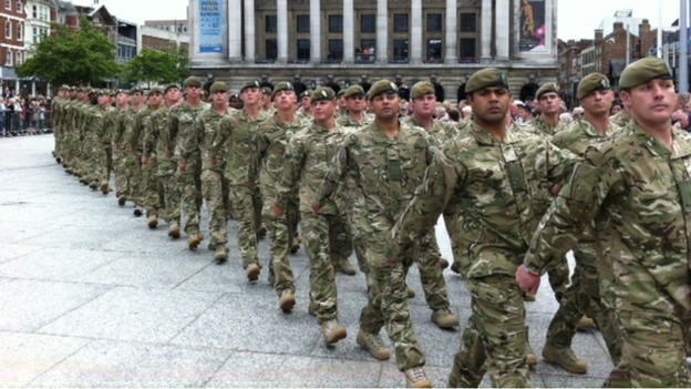 Soldiers march in Nottingham homecoming parade today