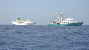 The Costa Allegra being towed by French fishing vessel, The Trevignon, in the Indian Ocean