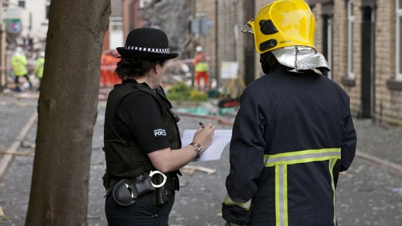 Emergency services at the scene of a suspected gas explosion in the Shaw area of Oldham
