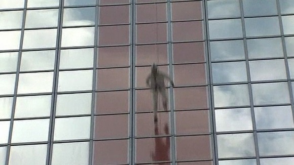 Mark Sluszny completes his vertical run in Brussels.