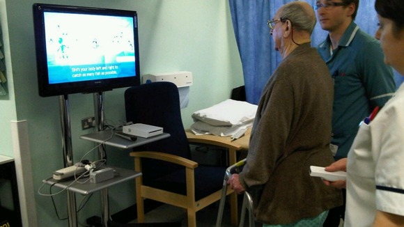 95 year-old Arthur Drew from Clacton using the balance board