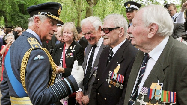 The Prince of Wales speaks with former members of WWII RAF Bomber Command.