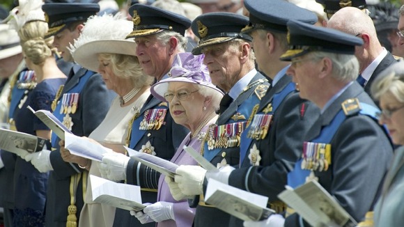 Britain's Queen Elizabeth attends the unveiling of the memorial to Bomber Command in Green Park, with the Duke of Edinburgh
