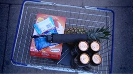 A basket of shopping items.
