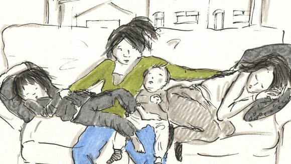 A sketch of the family on the sofa with flu