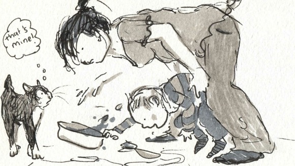A sketch showing Gruff and the cat