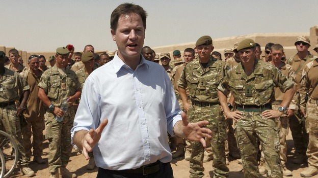 Nick Clegg speaks to soldiers at a training facility in Camp Bastion while on a visit to troops serving in Afghanistan.