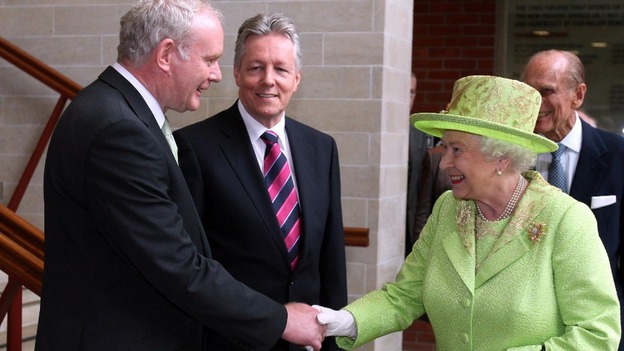 Her Majesty shakes hands with Northern Ireland Deputy First Minister Martin McGuinness in Belfast.