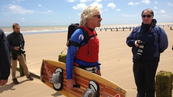 Richard Branson at Hythe beach before he set off on his bid to kite-surf the English Channel