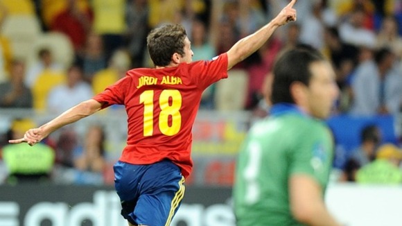 Spain's Ramos Jordi Alba (left) celebrates scoring their second goal of the game leaving Italy goalkeeper Gianluigi Buffon dejected.