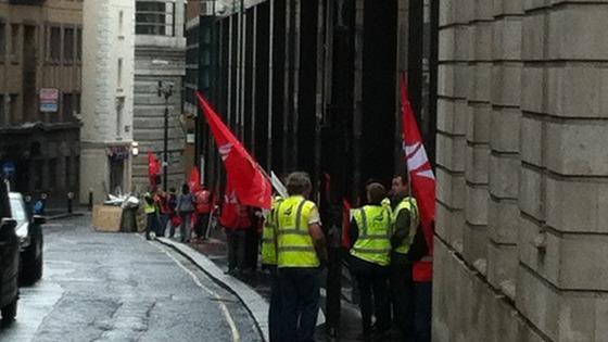 Union members outside the office.
