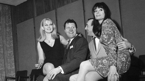 The cast of Sykes' first film "The Plank" starring Tommy Cooper and actresses Anna Carteret (left) and Clovissa Newcombe.