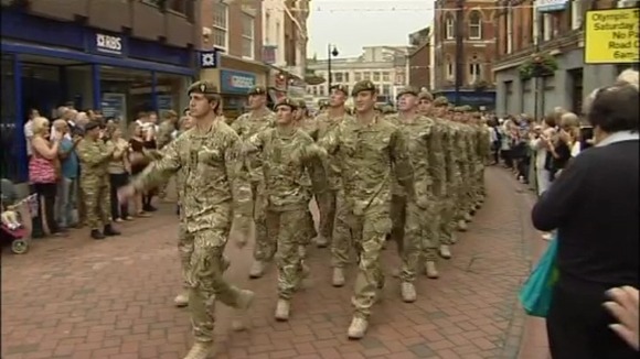 Soldiers from the Mercian regiment march through Derby
