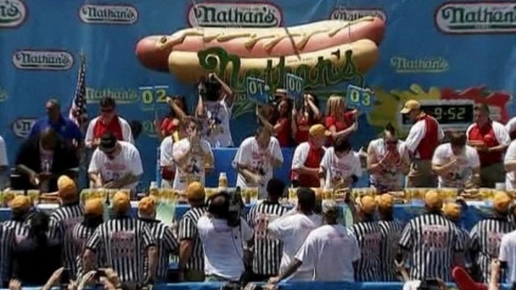 Competitors take part in the international hotdog eating championships.