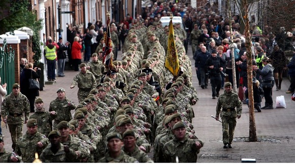The 3rd Battalion, The Mercian Regiment march through Lichfield on return from their tour in Helmand Province, Afghanistan in November 2011