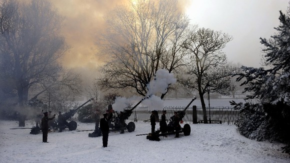 Soldiers of 35 Battery, 39 Regiment Royal Artillery, fire a 21-gun Royal Salute for the Diamond Jubilee in February