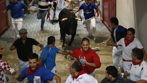 The bull enters the bullring during the third running of the bulls at this year's San Fermin festival.