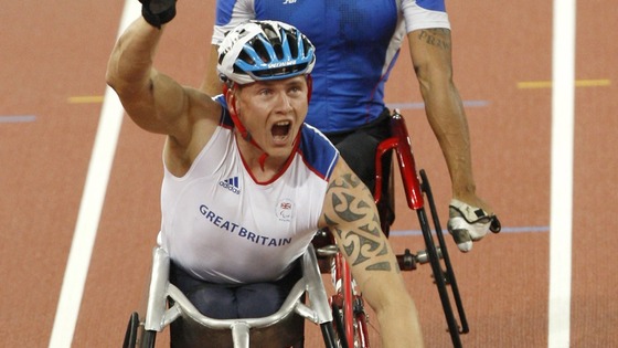 David Weir celebrates after winning gold at the Beijing Olympic Games in 2008.