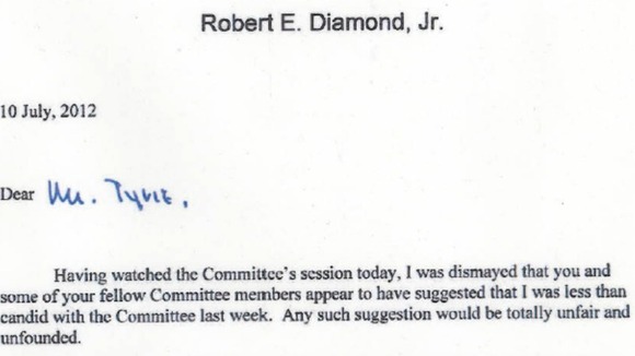 Bob Diamond's letter to Treasury Select Committee chairman Andrew Tyrie.