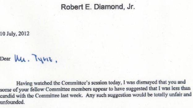 Bob Diamond's letter to Treasury Select Committee chairman Andrew Tyrie.