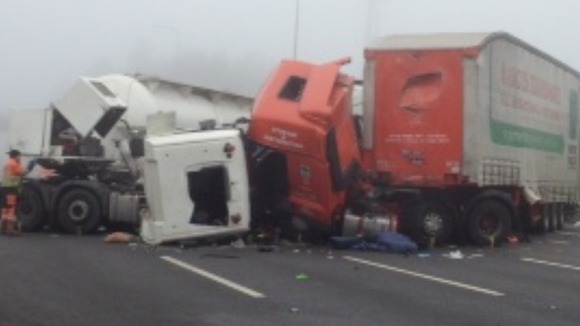 Wreckage of lorries on M1 after multiple pile-up