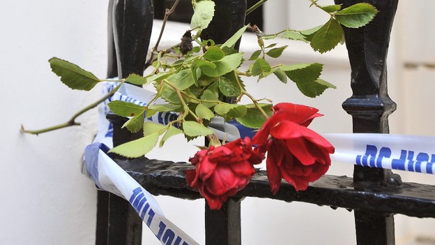 A floral tribute has been laid outside the Chelsea home of Eva and Hans Rausing.