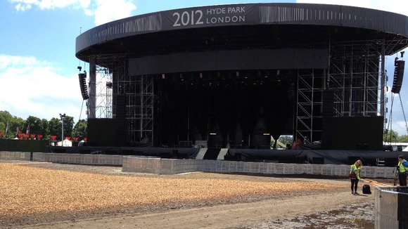 The deserted stage in Hyde Park where tonight's Hit Factory concert with Kylie and Jason was due to take place.