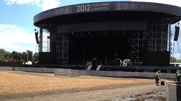 The deserted stage in Hyde Park where tonight's Hit Factory concert with Kylie and Jason was due to take place.