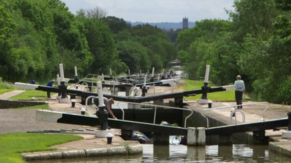 Looking down the flight at Hatton Locks in Warwickshire