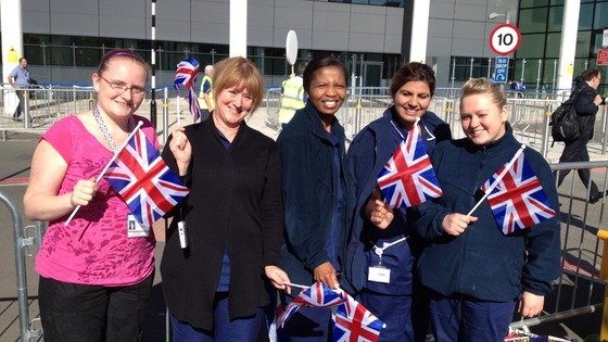 Nurses from the QE Hospital also in wait for the Royal party who are due to arrive at 10:35am