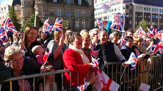 Crowds of well wishers in Victoria Square waiting for the Queen's arrival at 10:00am
