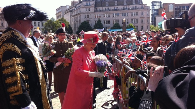 The Queen saying hello to schoolchildren in Victoria Square in Birmingham