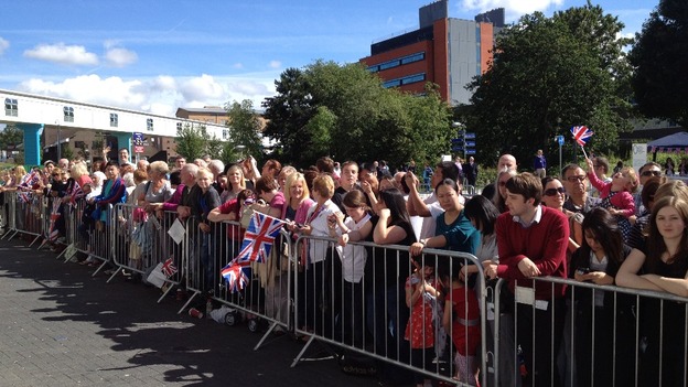 Crowds waiting outside the hospital for The Queen to arrive
