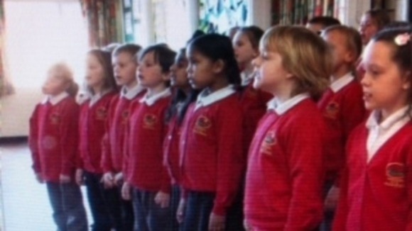 School children from Church Hill Junior School in Thurmaston, who sang in front of The Queen