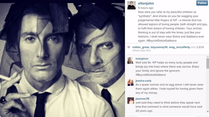 Sir Elton took to Instagram to boycott Dolce and Gabbana.