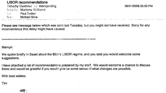 Email from Timothy Geithner to the Bank of England in June 2008
