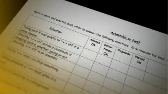 Swearing worksheet given out by a school in Barnsley