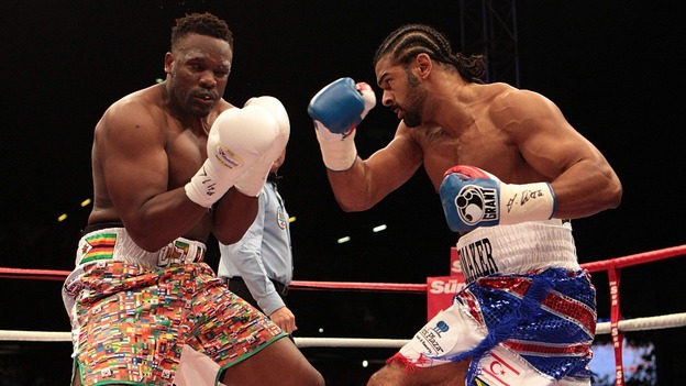 David Haye (right) in action against Dereck Chisora in their WBA and WBO International Heavyweight Championship bout at Upton Park, London.